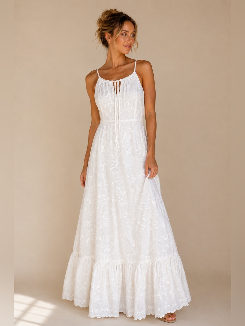 Cartolina White Embroidered Cotton Maxi Dress Small Boho Euro Summer Cottagecore